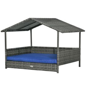 Wicker Dog House Indoor Outdoor Removable Cushion Lounge Dark Blue