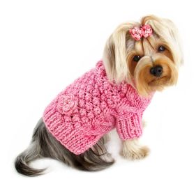 Pink Bobble Stitch Turtleneck Hand Knitted Sweater (Color: PINK, size: M)